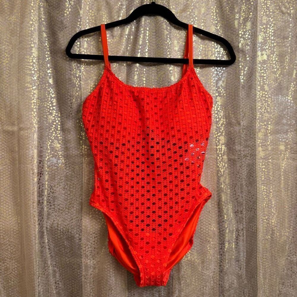 Carmen Marc Valvo Red Orange Persimmon Crochet One Piece Swimsuit 14 NWT